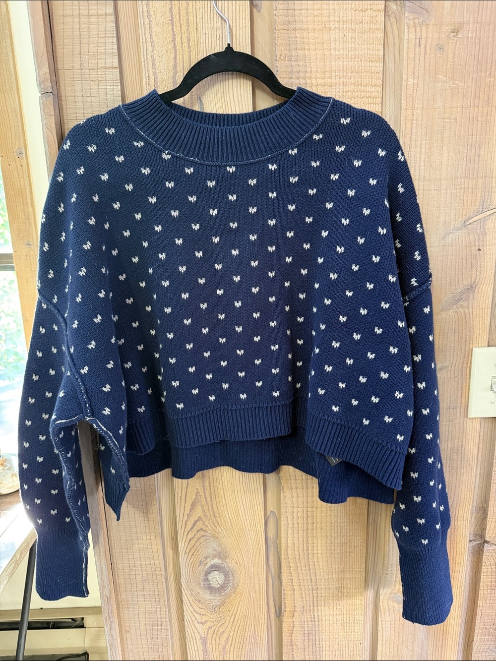 Free People Navy Crewneck Sweater with White Dot Pattern